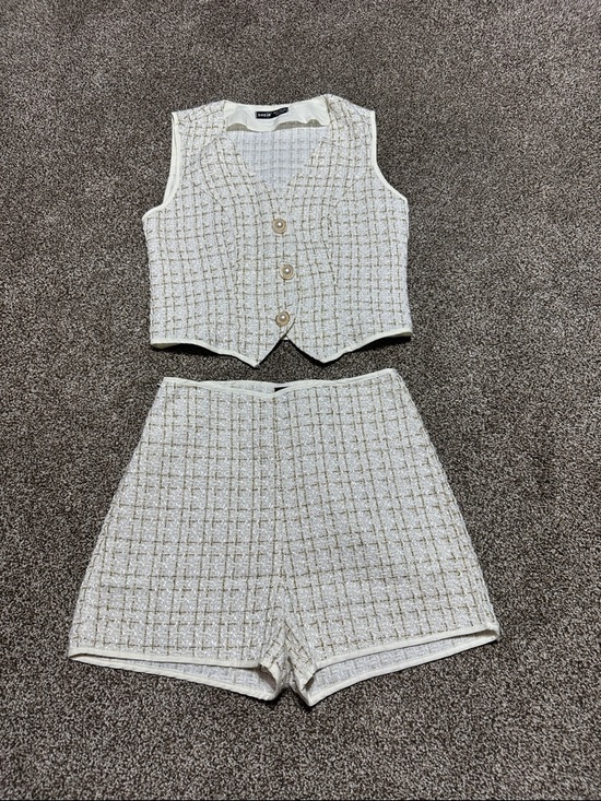 SHEIN Pants - SHEIN Cream Tweed High Waist Shorts & Cropped Vest Set